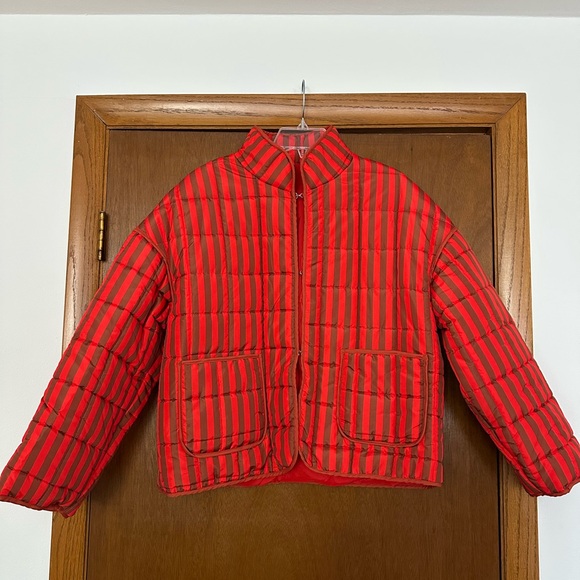 Jackets & Blazers - Red and Brown Striped Puffer Jacket